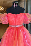 Hot Pink A-line Off-the-Shoulder Organza Ruffle Hi-Low Prom Dress