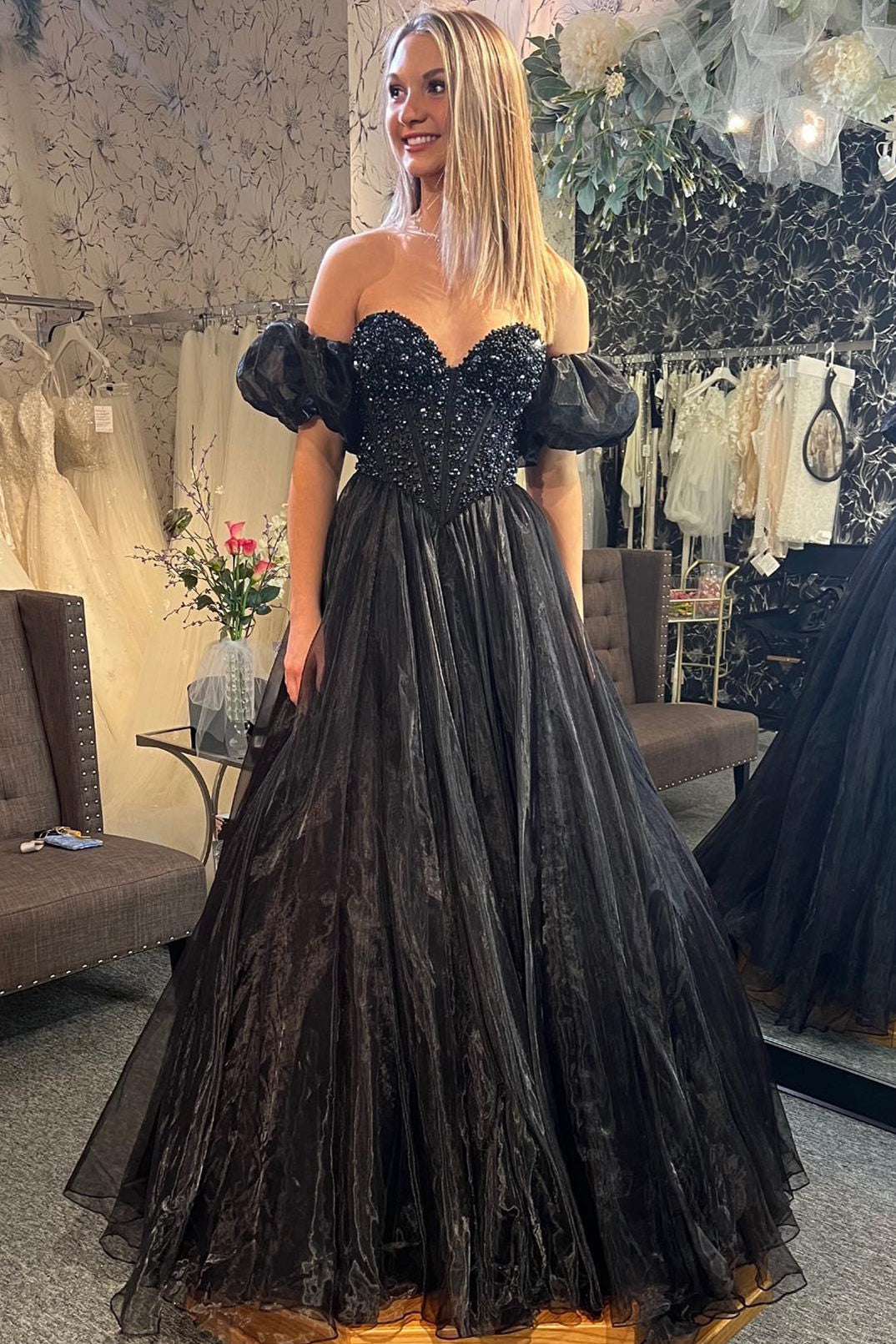 Black A-line Puff Off-the-Shoulder Beaded Tulle Long Prom Dress   FancyVestido