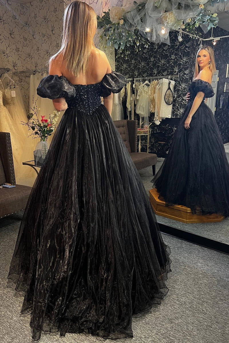 Black A-line Puff Off-the-Shoulder Beaded Tulle Long Prom Dress