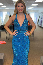 Blue Mermaid V Neck Crossed Back Sequins Sweeping Long Prom Dress
