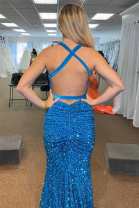 Blue Mermaid V Neck Crossed Back Sequins Sweeping Long Prom Dress