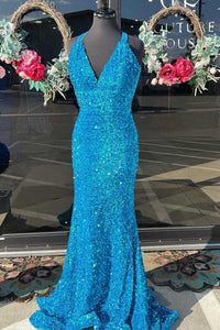 Blue Mermaid V Neck Crossed Back Sequins Sweeping Long Prom Dress
