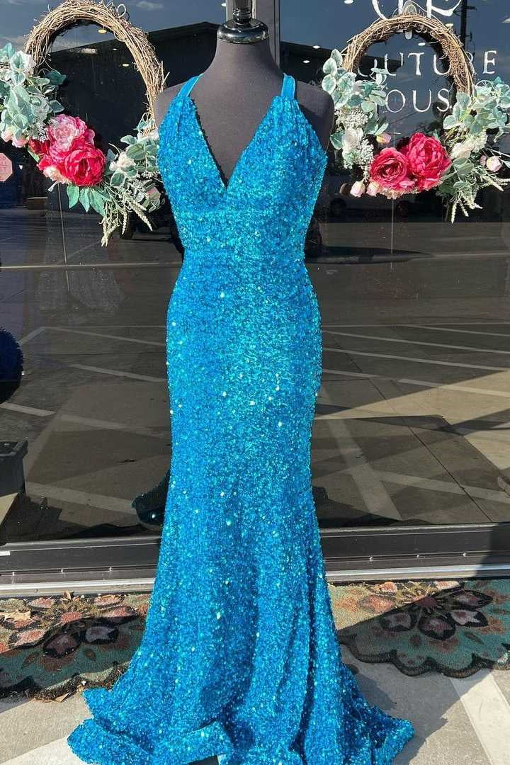 Blue Mermaid V Neck Crossed Back Sequins Sweeping Long Prom Dress