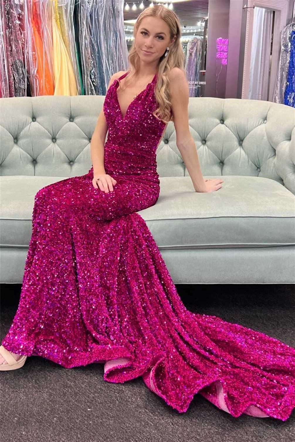 Fuchsia Mermaid V Neck Crossed Back Sequins Sweeping Long Prom Dress