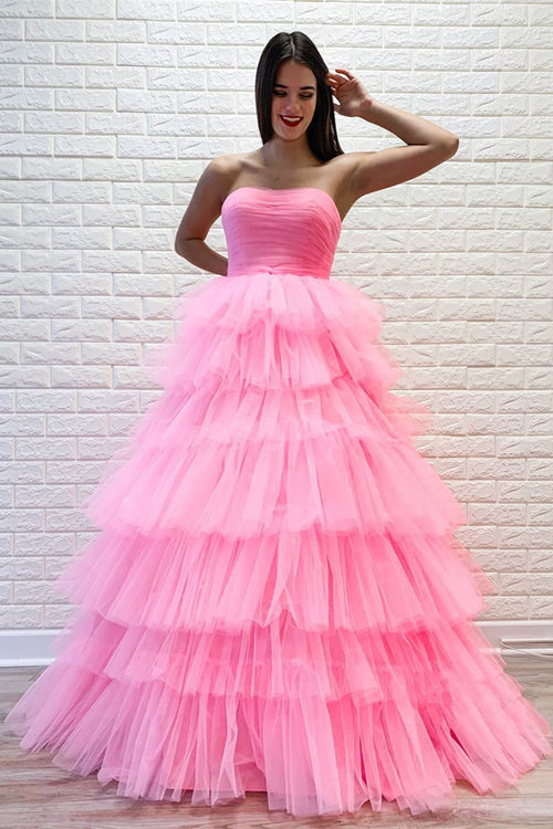 Pink A-line Strapless Pleated Multi-Layers Tulle Long Prom Dress