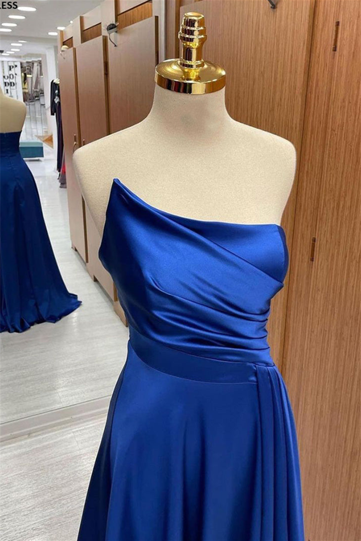 Royal Blue Satin Strapless Pleated Long Prom Dress