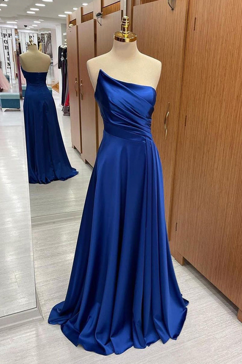 Royal Blue Satin Strapless Pleated Long Prom Dress