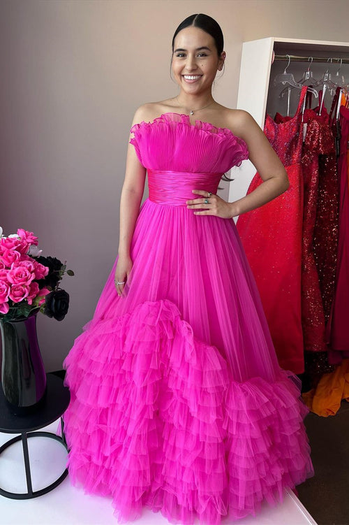 Princess Fuchsia A-line Strapless Tulle Multi-Layers Long Prom Dress