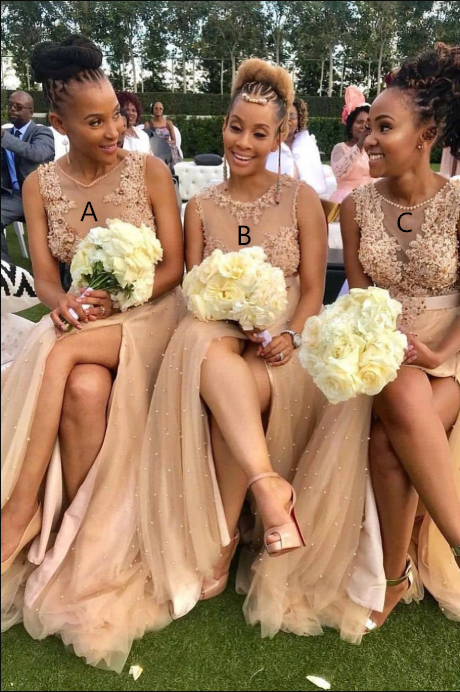 Champagne Appliques Long Bridesmaid Dress with Slit