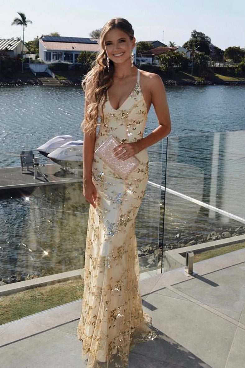 Lace-Up Mermaid Long Gold Prom Dress with Sequins