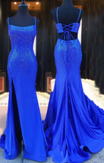 Royal Blue Beaded High Slit Mermaid Prom Dress