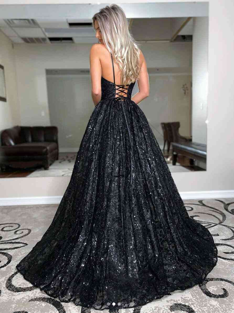 A-Line Spaghetti Straps Black Sequin Long Prom Dress FancyVestido A-Line Spaghetti Straps Black Sequin Long Prom Dress FancyVestido