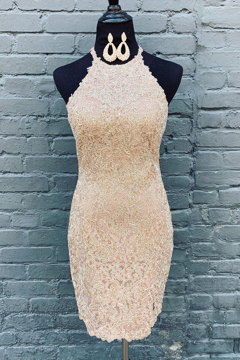 All Over Lace Knee Length Beige Homecoming Dress  FancyVestido