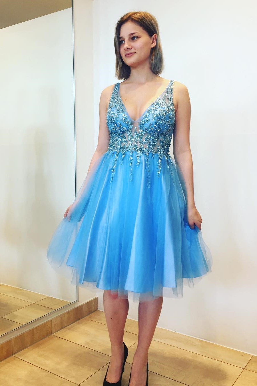 Princess V Neck Knee Length Blue Homecoming Dress FancyVestido Princess V Neck Knee Length Blue Homecoming Dress FancyVestido