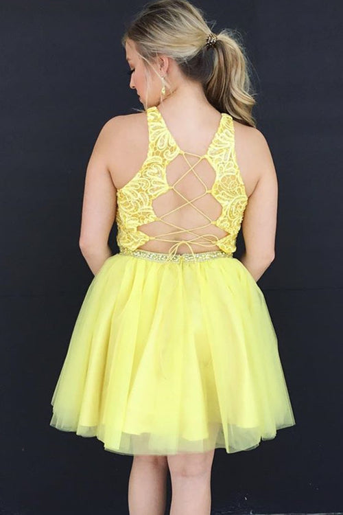 Halter Yellow Short Homecoming Dress with Lace Up Back