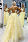 Spaghtti Straps Lace Appliques Yellow Long Prom Dress with Lace-Up Back