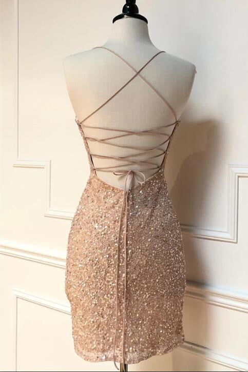 Sparkle Straps Tight Peach Sequins Short Homecoming Dress FancyVestido Sparkle Straps Tight Peach Sequins Short Homecoming Dress FancyVestido