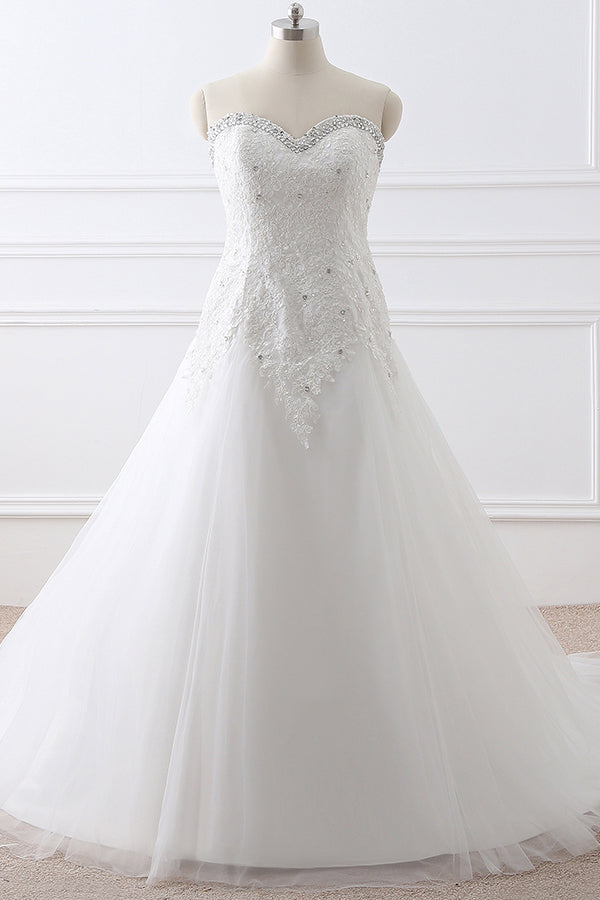 Long Sweetheart Beaded A-line White Wedding Dress with Lace