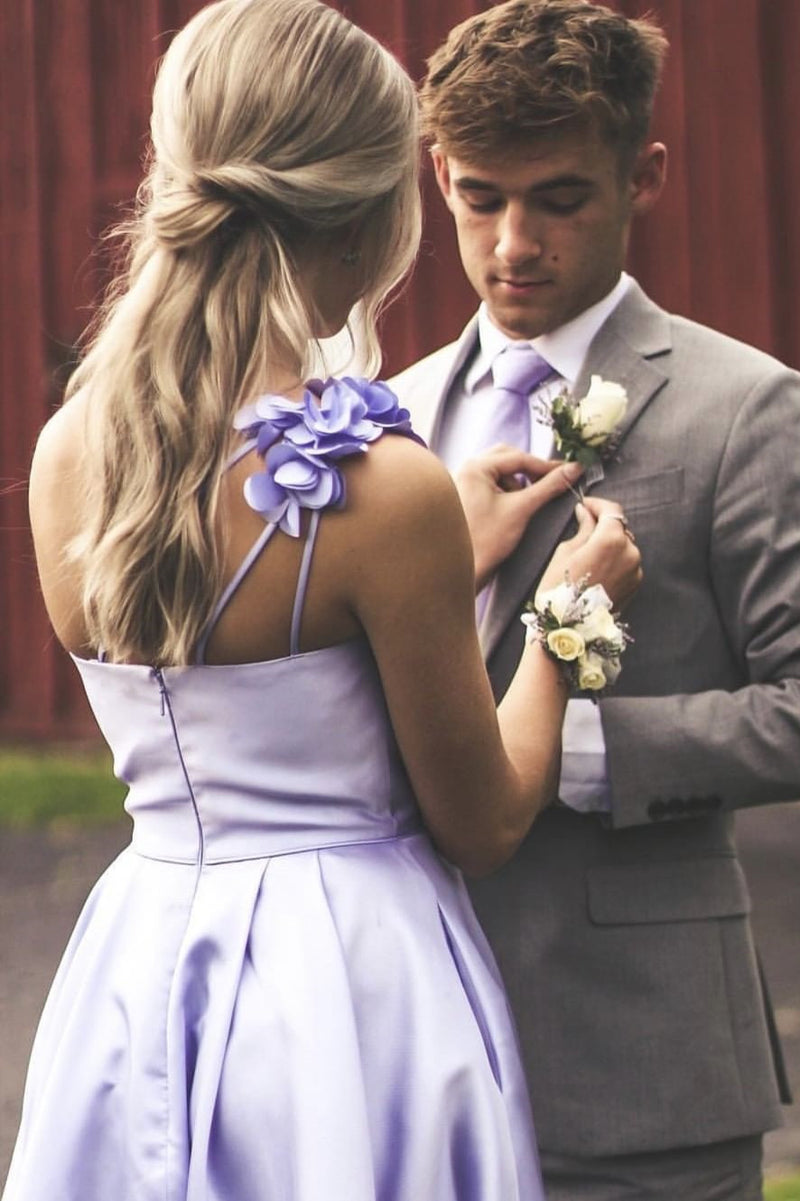 One Shoulder Flowers Light Purple Long Prom Dress