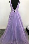 V-Neck Beaded Tulle Lavender Long Prom Dress