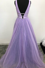 V-Neck Beaded Tulle Lavender Long Prom Dress
