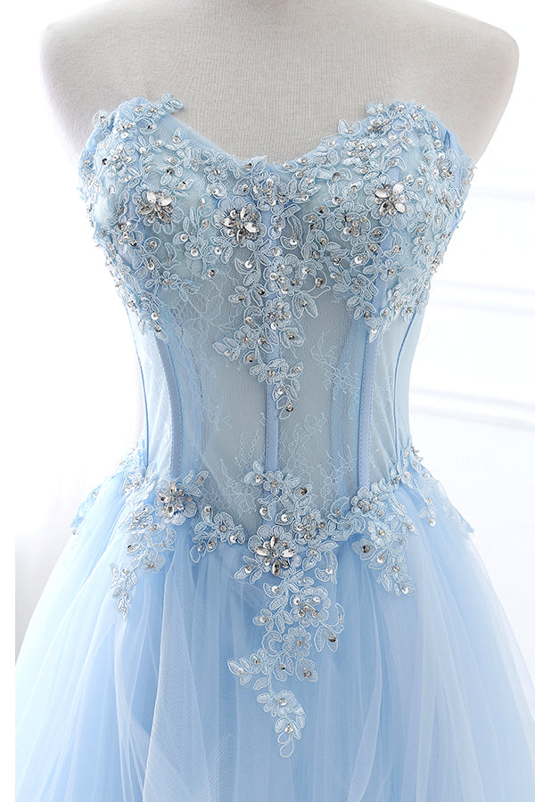 Light Blue Strapless Tulle Princess Prom Dress with Appliques