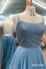 Blue Chiffon Long Prom Dress with Beaded Bodice