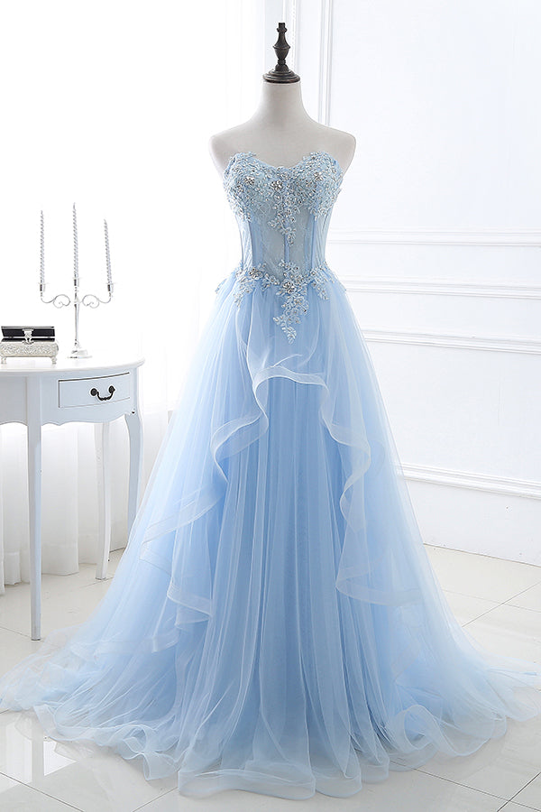 Light Blue Strapless Tulle Princess Prom Dress with Appliques FancyVestido Light Blue Strapless Tulle Princess Prom Dress with Appliques FancyVestido