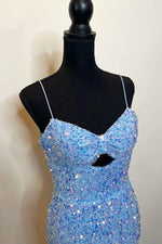Blue Mermaid Spaghetti Straps Cut-Out Sequins Long Prom Dress