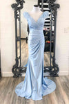 Feather Shoulder Blue Pleated Long Formal Dress