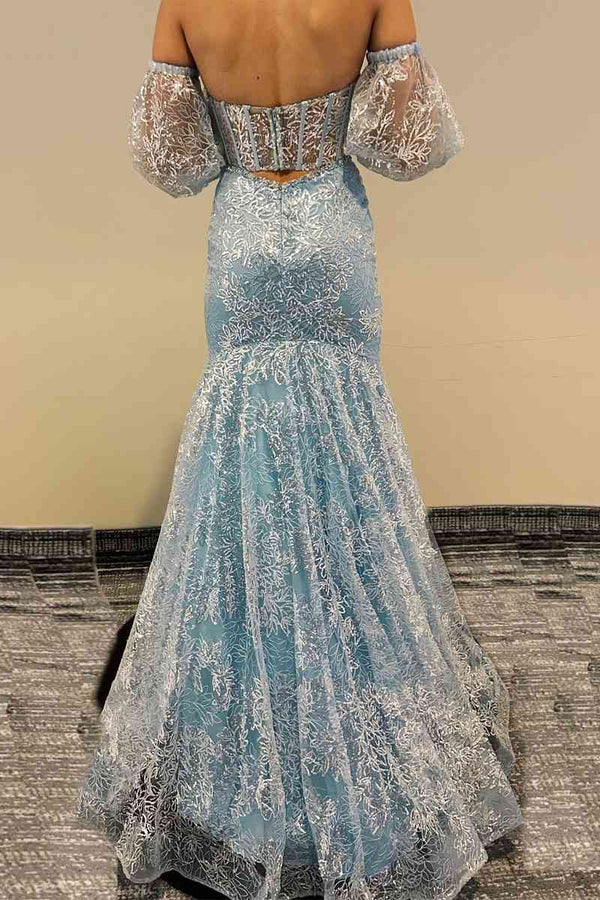 Peach Sweetheart Sheer Lace Corset Mermaid Prom Dress