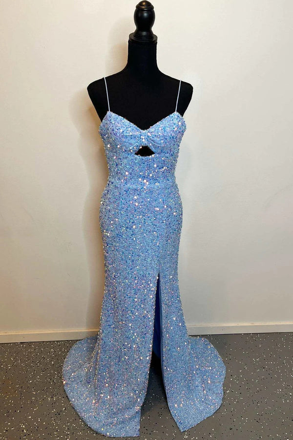 Blue Mermaid Spaghetti Straps Cut-Out Sequins Long Prom Dress