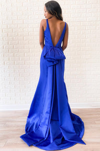 Pretty Satin Trumpet V-Neck Backless Party Prom Dress With Bow