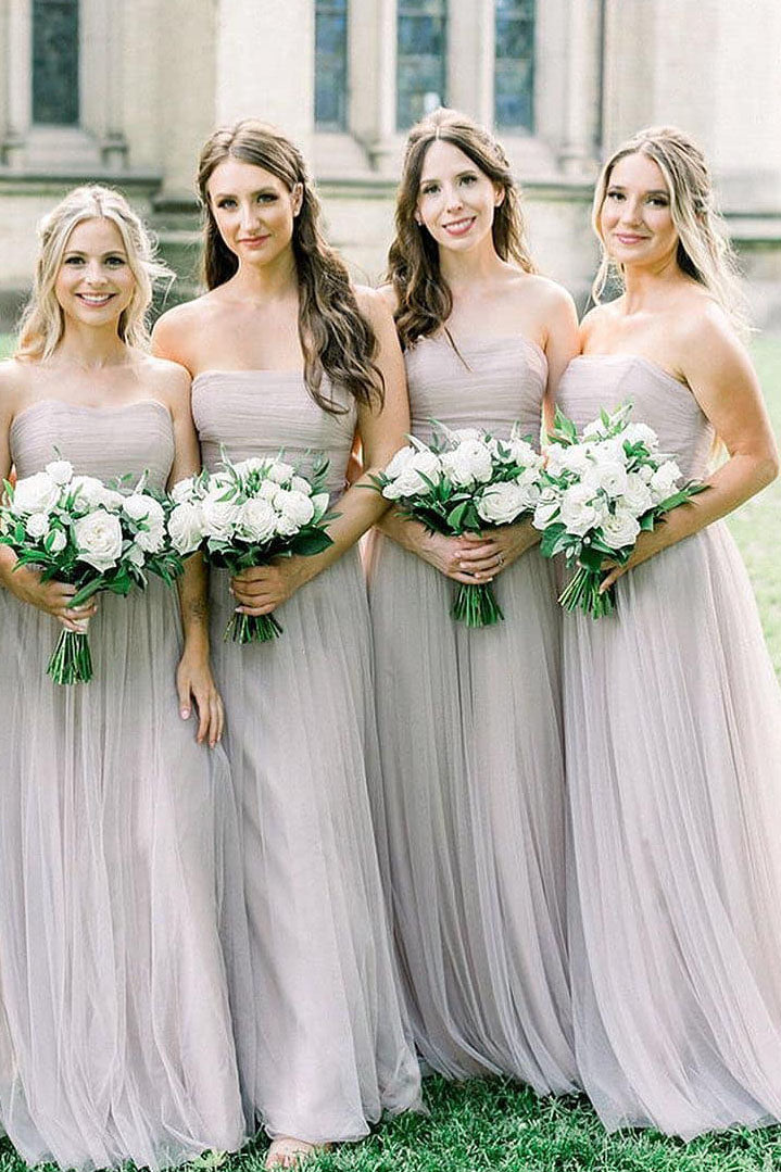 Bohemian Strapless Ruched Light Grey Bridesmaid Dress with Ribbon