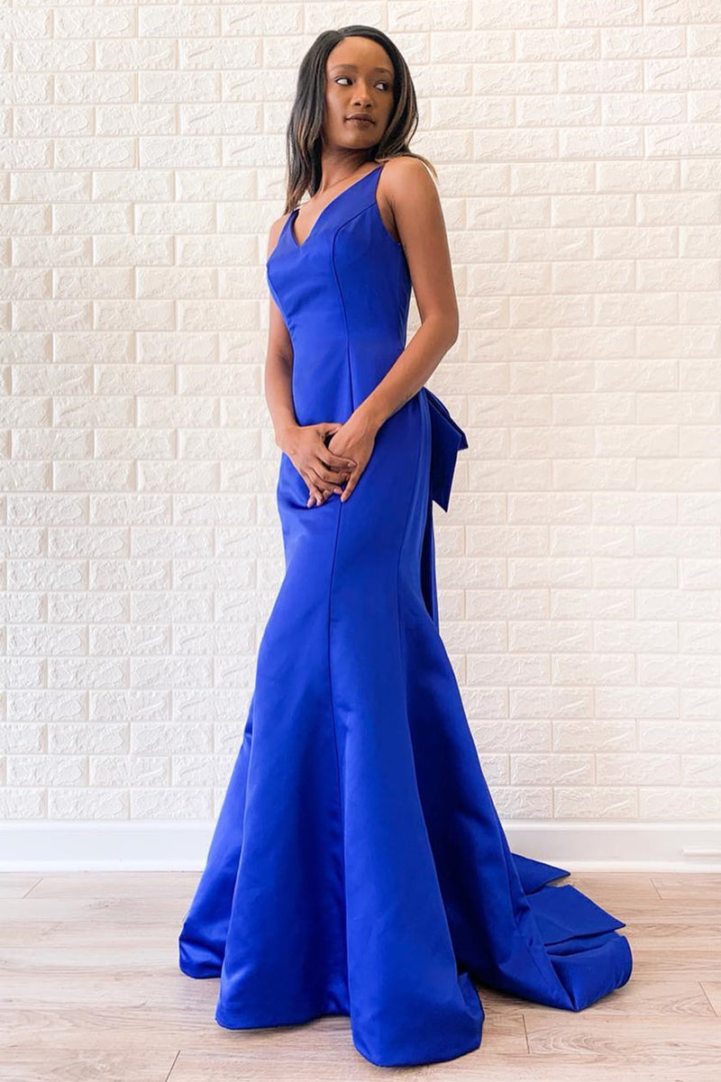 Pretty Satin Trumpet V-Neck Backless Party Prom Dress With Bow