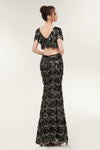 Two Piece Black Sequins Mermaid Prom dress with Short Sleeves