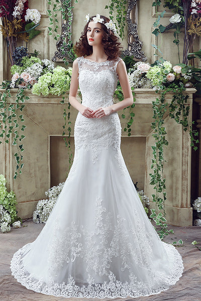 Mermaid V Back Long White Wedding Dress with Appliques