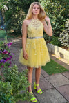 Free Shipping Halter Appliqued Yellow Homecoming Dress
