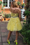 Free Shipping Halter Appliqued Yellow Homecoming Dress