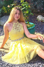 Free Shipping Halter Appliqued Yellow Homecoming Dress