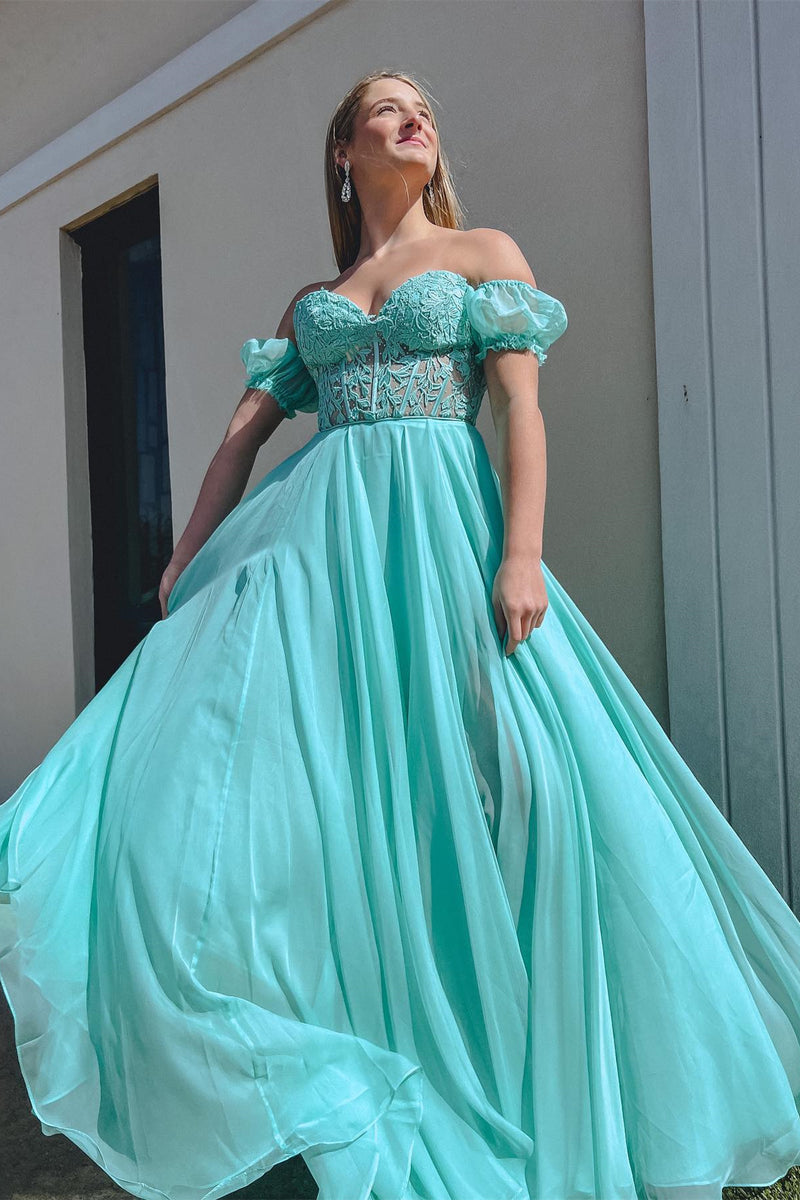 Off-Shoulder A-line Chiffon Applique Lace-Up Long Prom Dress