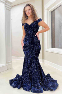 navy blue glitter dress Cicinia Dark Prom Dresses Long Tulle A-line Spaghetti Straps With Train Shoulder to Shoulder Mermaid Off-the-Shoulder Light Blue Sequins