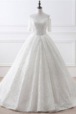Long Lace-Up Back A-line White Wedding Dress with Sleeves