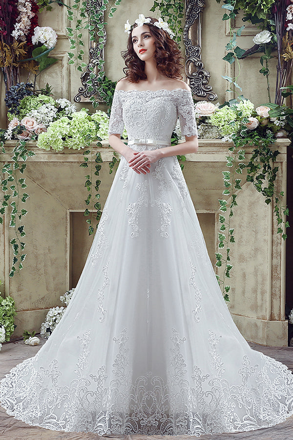 Princess Long Off Shoulder White Wedding Dress – FancyVestido