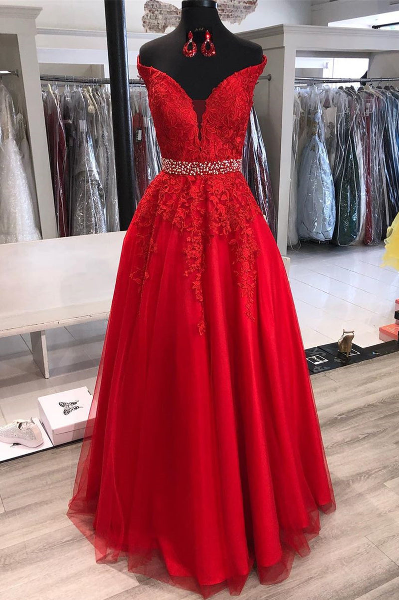 Princess Off the Shoulder Lace Appliques Red Long Formal Dress