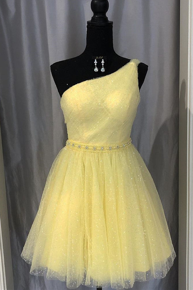 Cute One Shoulder Yellow Homecoming Dress
