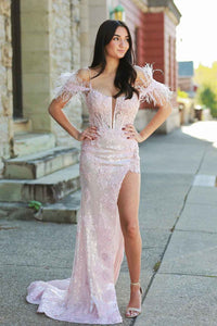 Light Blue Appliques Long Prom Dress with Detachable Feathered Shoulder