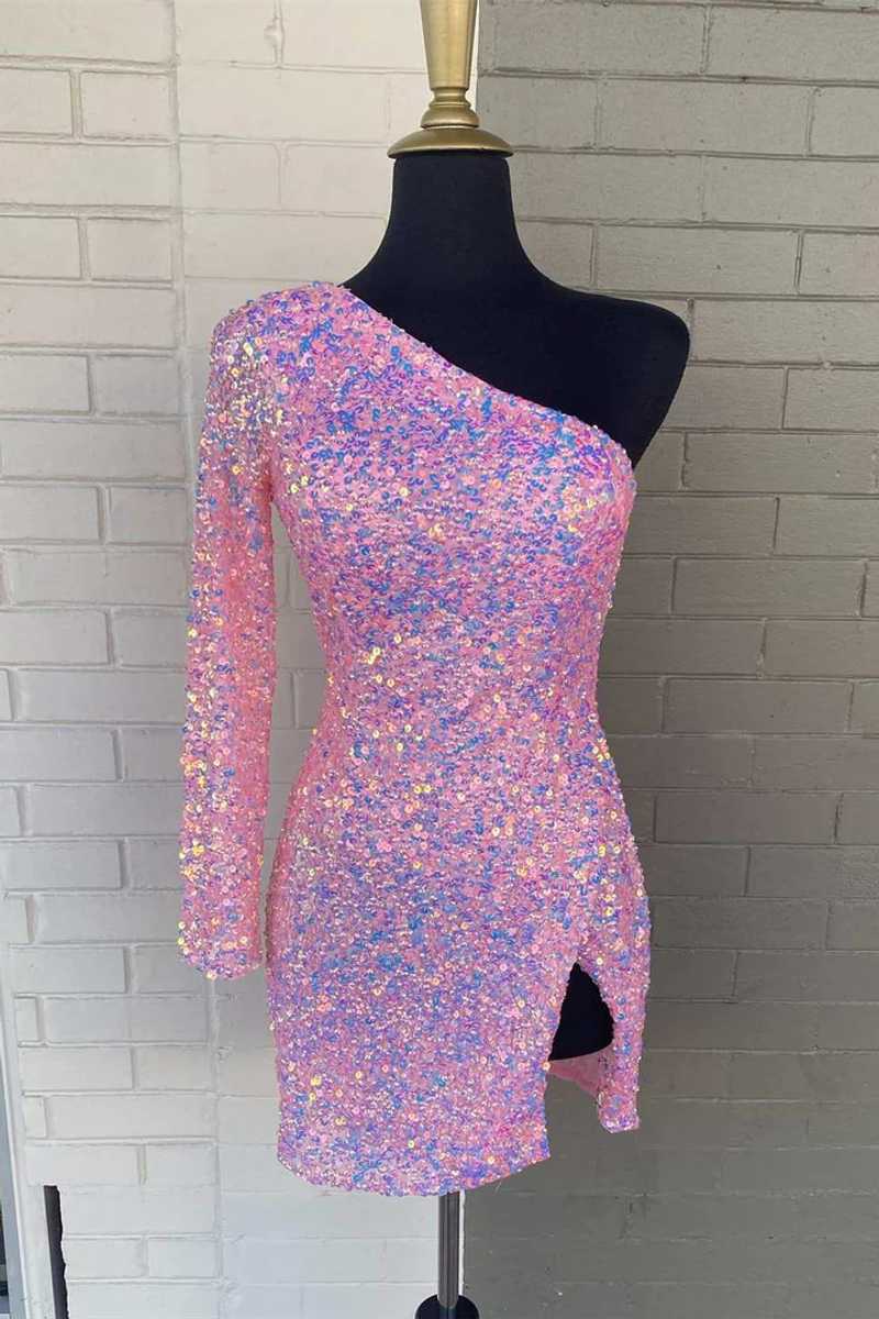 One Shoulder Long Sleeve Hot Pink Sequined Short Homecoming Dress