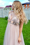 Long Romantic Spaghetti Strap V-Neck Pink Formal Dress with Handmade Flowers