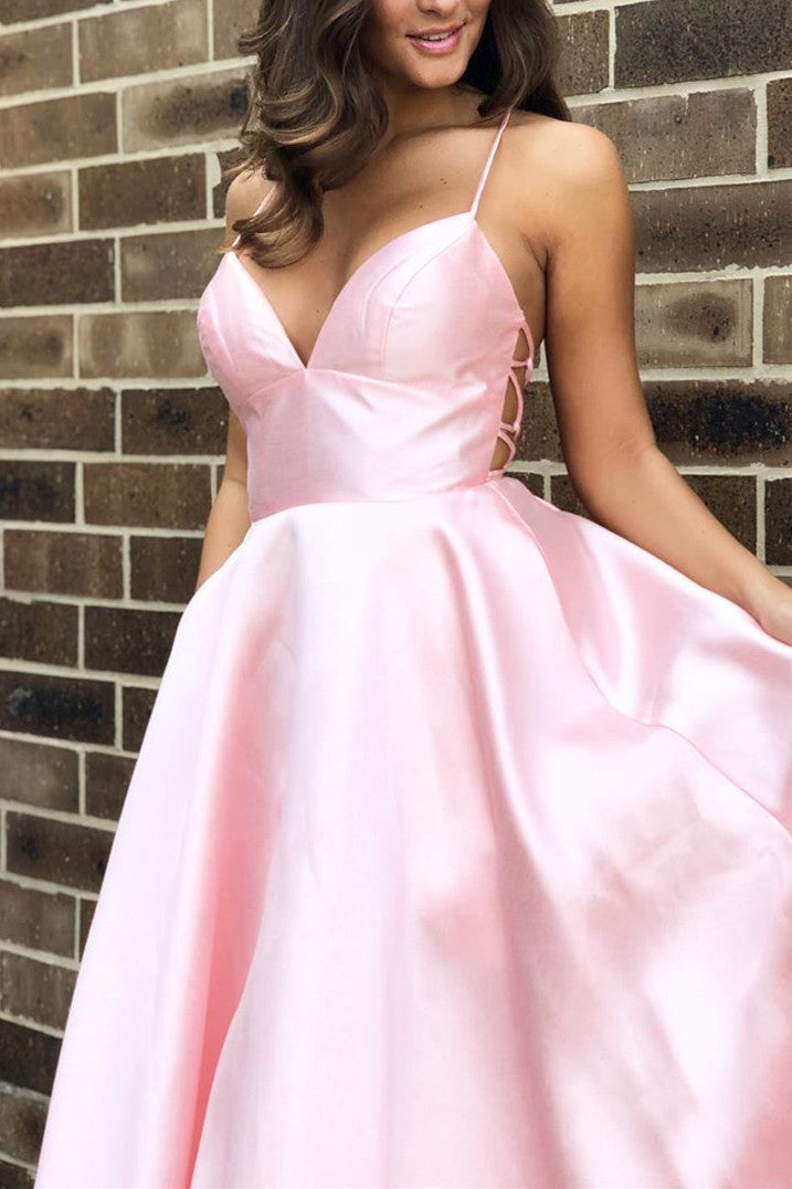 Straps Yellow Satin Long Prom Dress with Lace Up Back